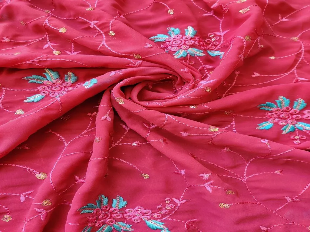 Pink Floral Sequins & Thread Embroidery Georgette Fabric (Wholesale)