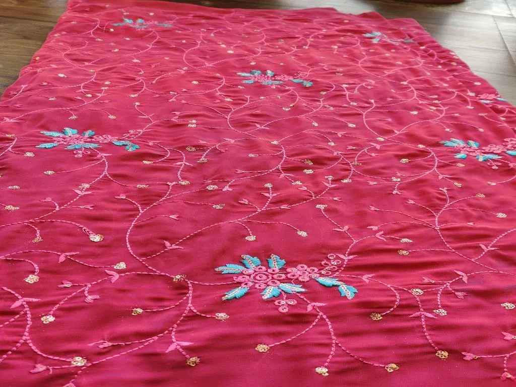 Pink Floral Sequins & Thread Embroidery Georgette Fabric (Wholesale)