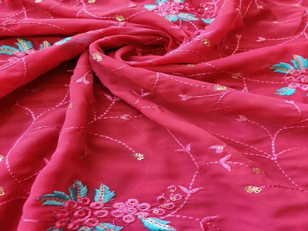 Pink Floral Sequins & Thread Embroidery Georgette Fabric (Wholesale)