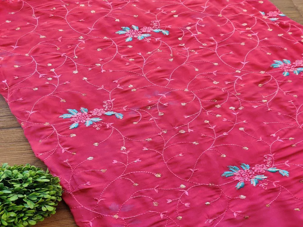 Pink Floral Sequins & Thread Embroidery Georgette Fabric (Wholesale)