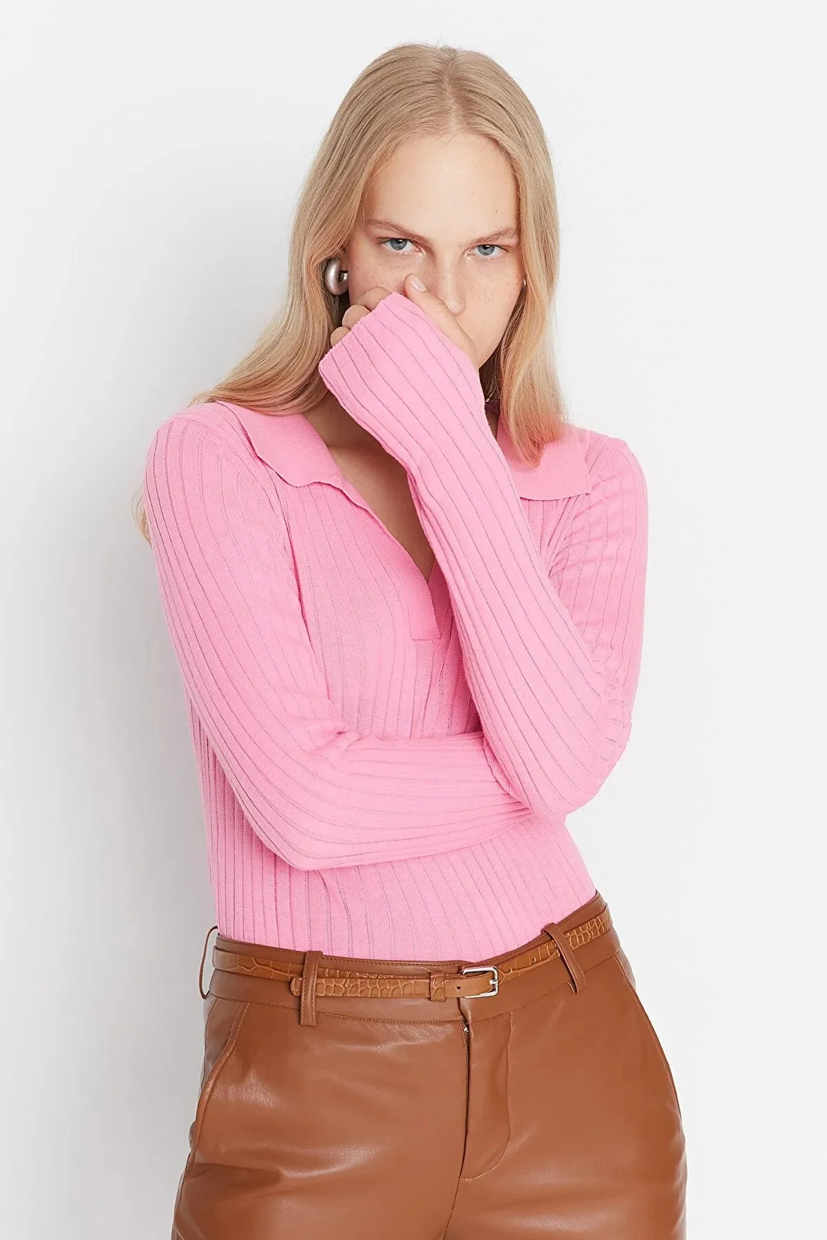 pink Polo Neck Knitwear Sweater