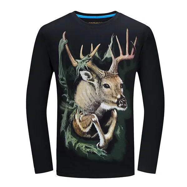 Plug Size Mens Fashion Unique 3D Deer Printing Casual Cotton Long Sleeve T-shirts