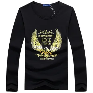 Plug Size Mens Fashion Unique Golden Pattren Printing Casual Cotton Long Sleeve T-shirts