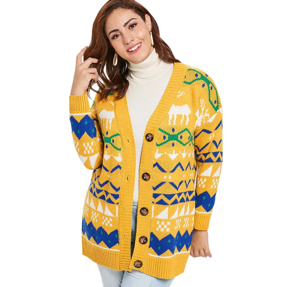 Plus Size Elk Print Christmas Button Cardigan