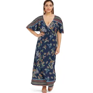 Plus Size Floral Print Maxi Surplice Dress