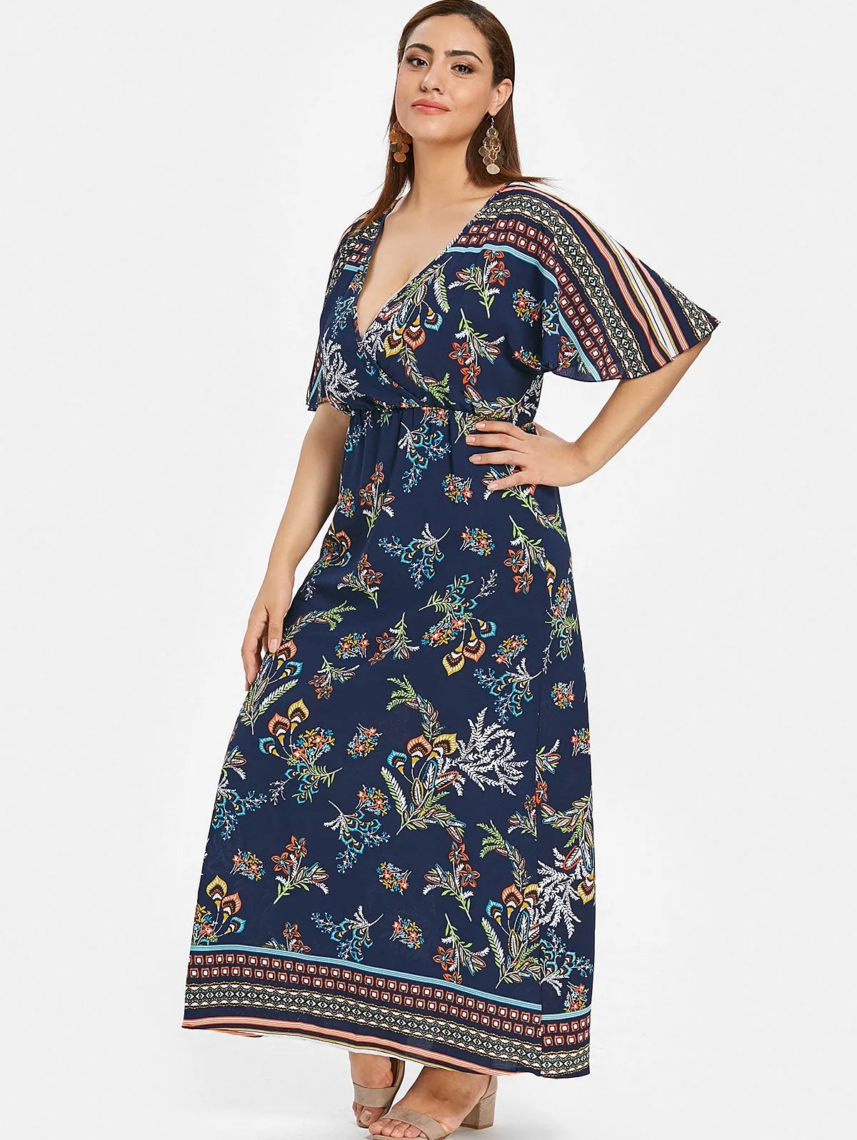 Plus Size Floral Print Maxi Surplice Dress