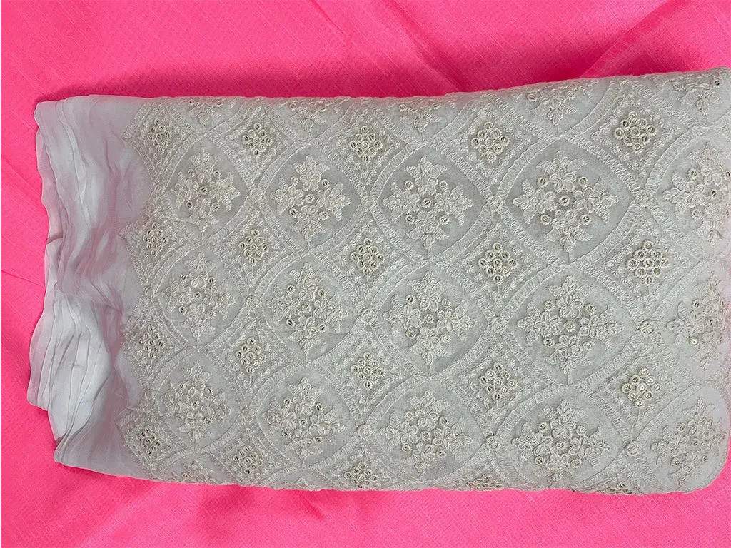 Pre Cut White Dyeable Lakhnavi Embroidered Georgette Fabric