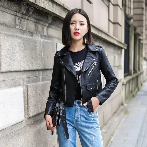 Pu Leather Jacket Women Bright