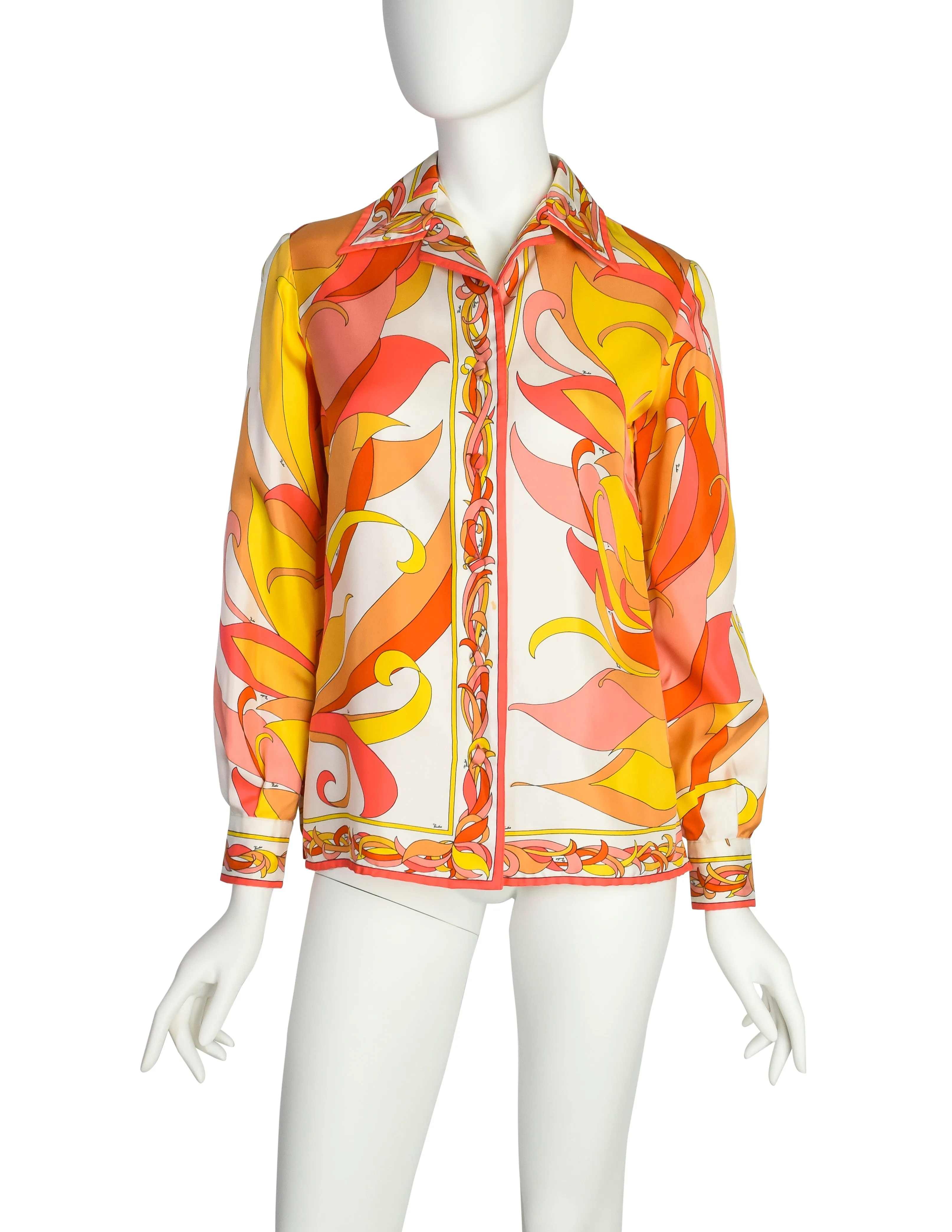 Pucci Vintage 1970s Vivid Orange Pink Yellow Floral Graphic Silk Collared Shirt