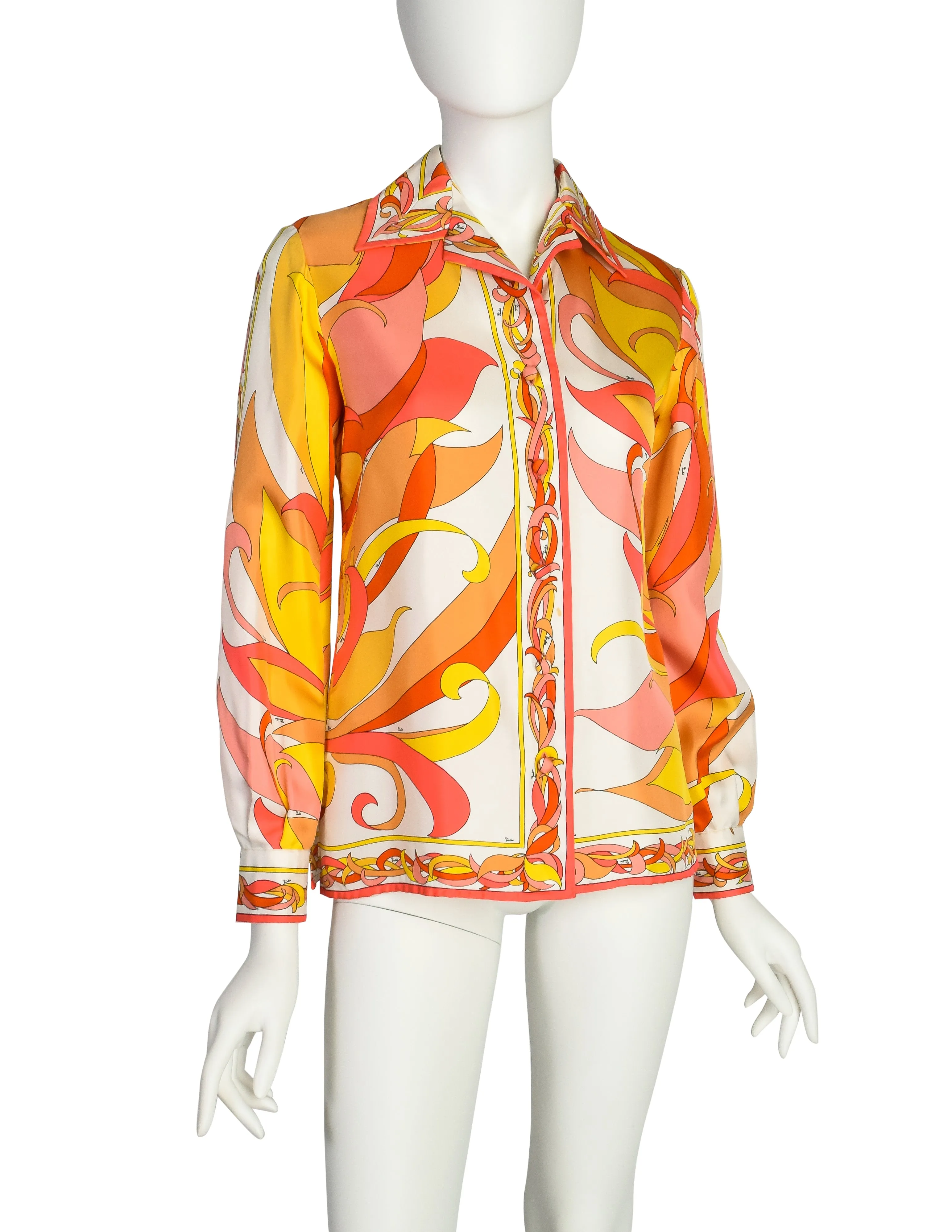 Pucci Vintage 1970s Vivid Orange Pink Yellow Floral Graphic Silk Collared Shirt