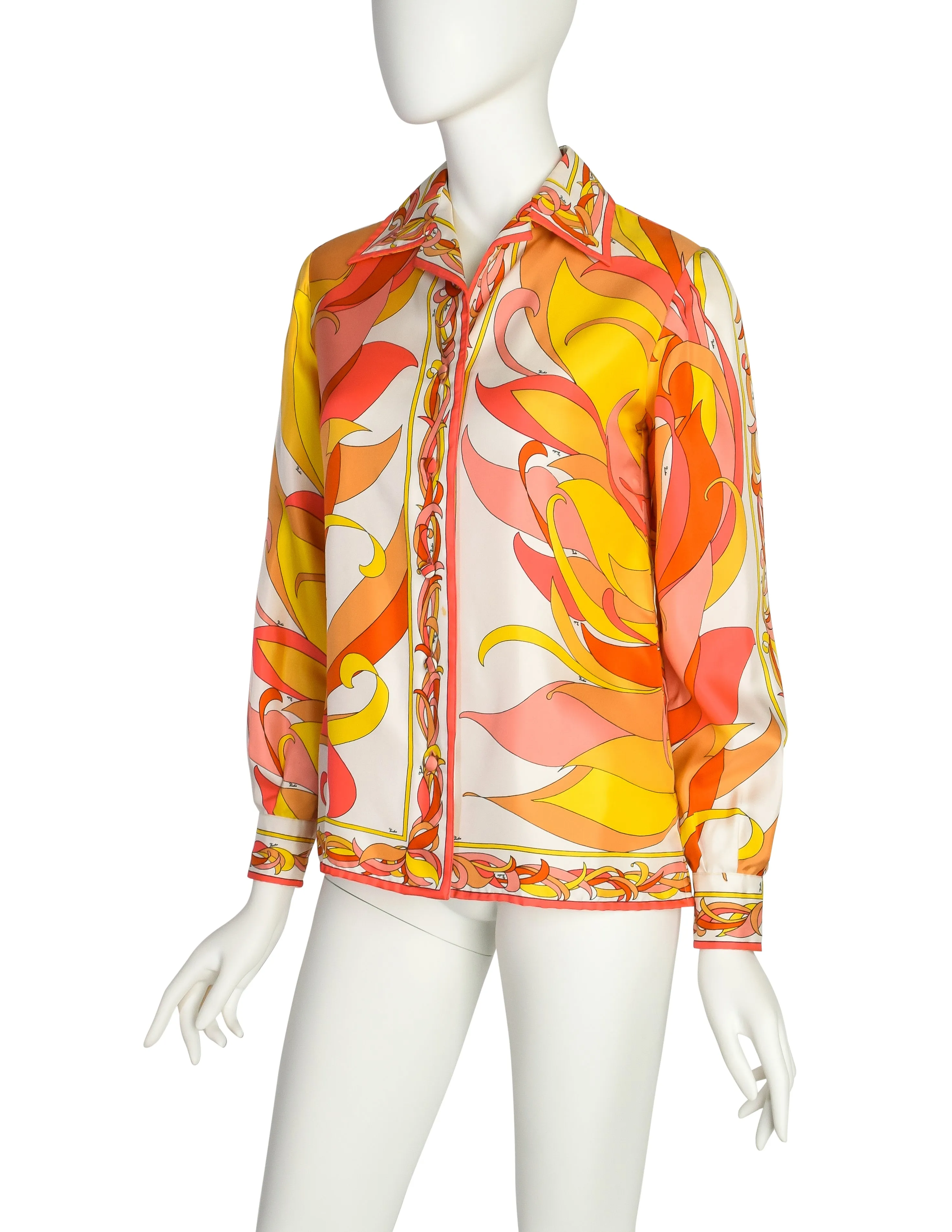 Pucci Vintage 1970s Vivid Orange Pink Yellow Floral Graphic Silk Collared Shirt