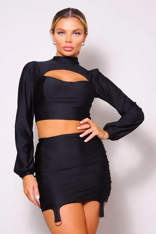 Puff Long Sleeve Front Cutout Turtleneck Blouse & Side Ruched Garter Mini Skirt