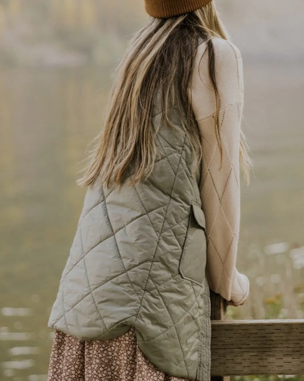 Quilted Long Vest Jacket w/Pockets