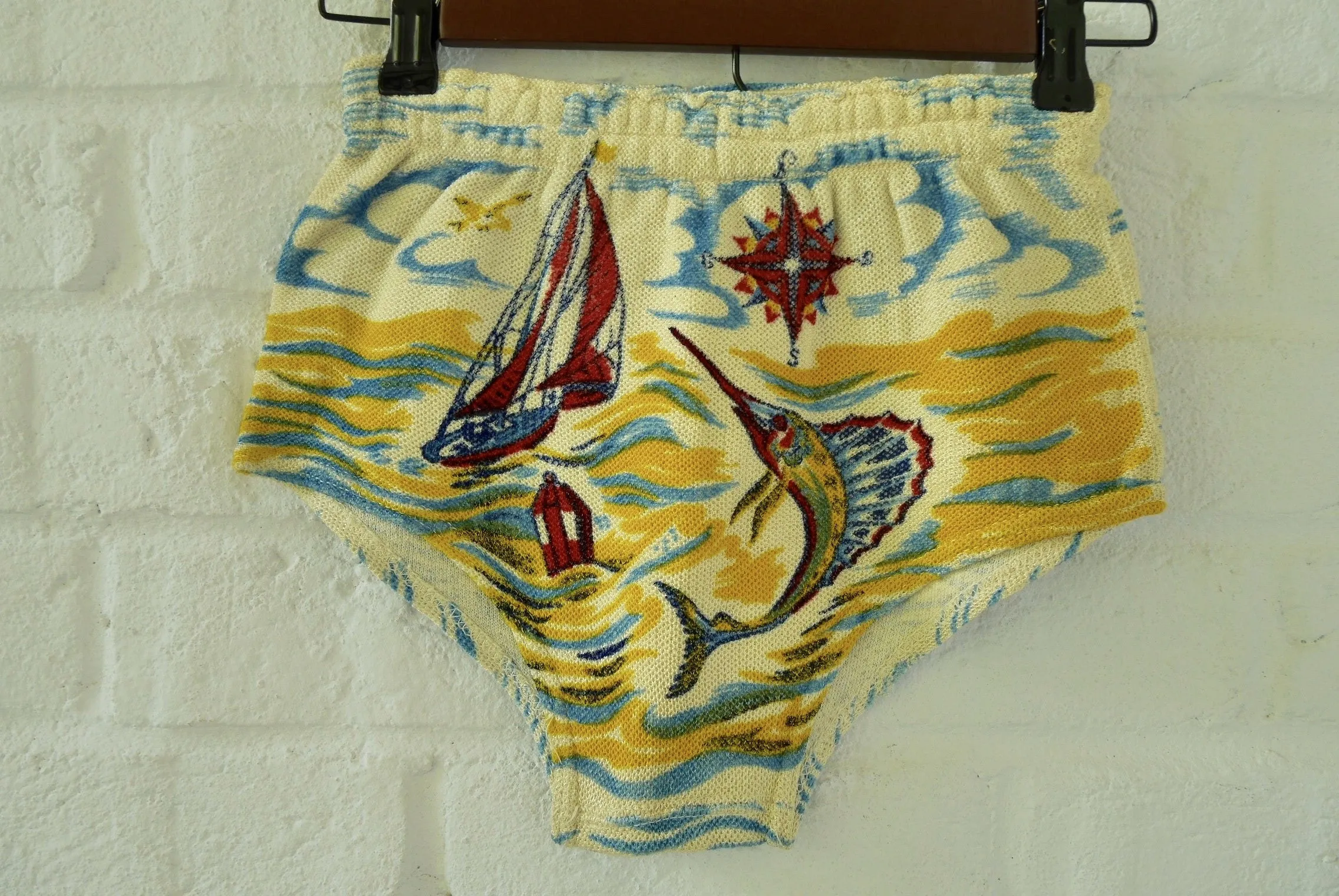 Rare 1930s boy swim trunk dead stock . Shark fish print