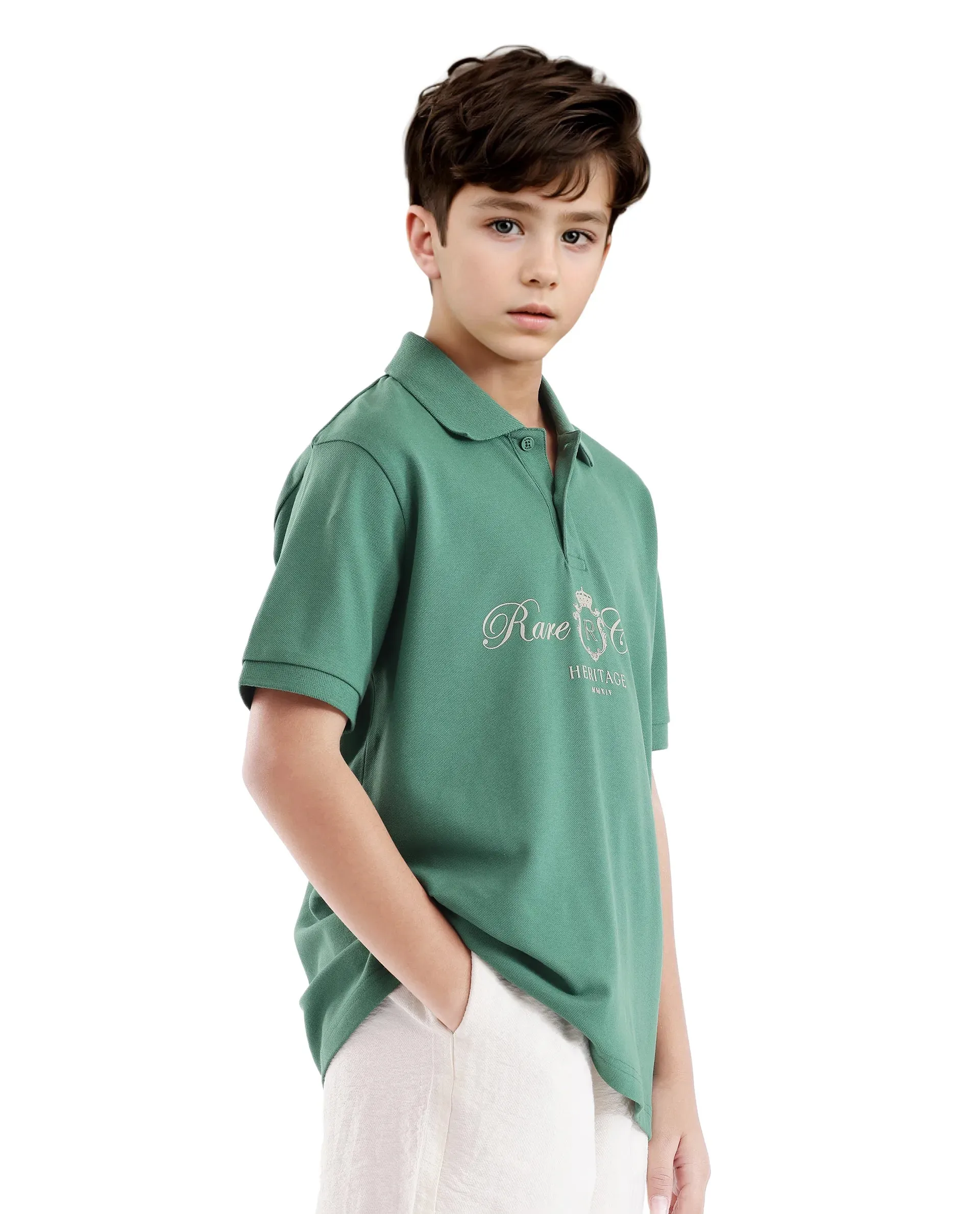 Rare Ones Kids Aimo Green Cotton Short Sleeve HD Print Polo