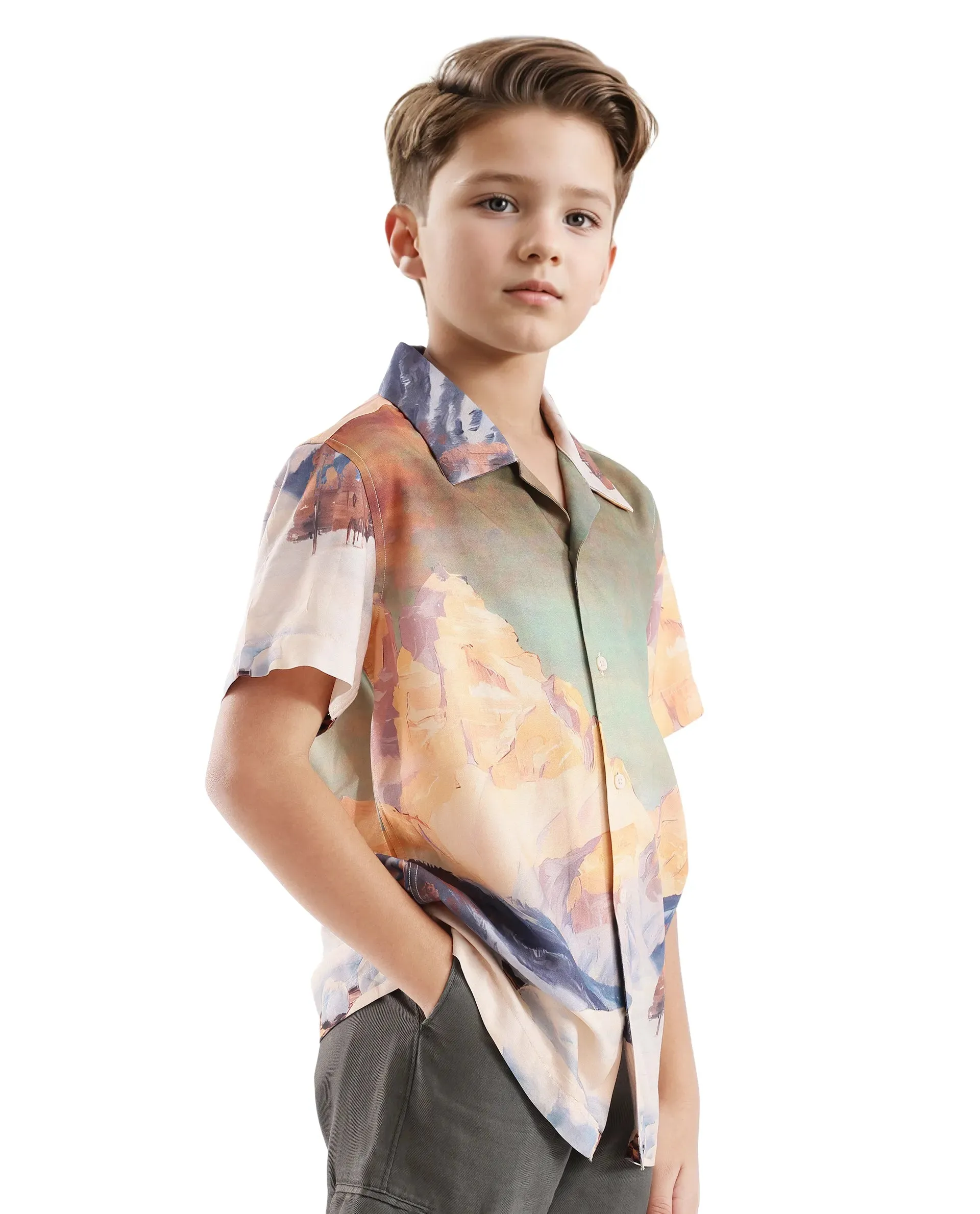 Rare Ones Kids Chilo Light Orange Viscose Full Sleeve Cuban Collar Placement Print Shirt