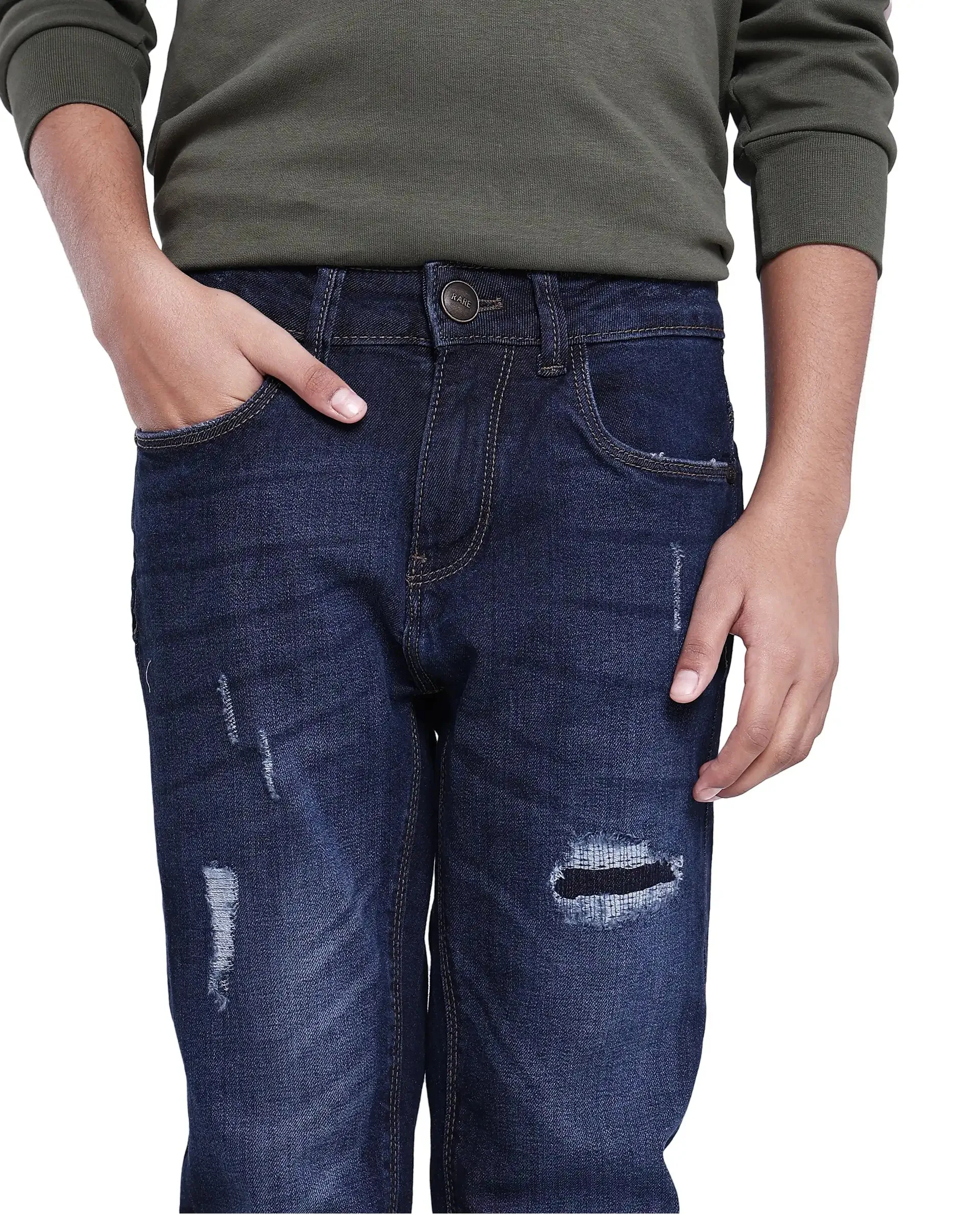 Rare Ones Kids Glor Blue Solid Slim Fit Denim Pant