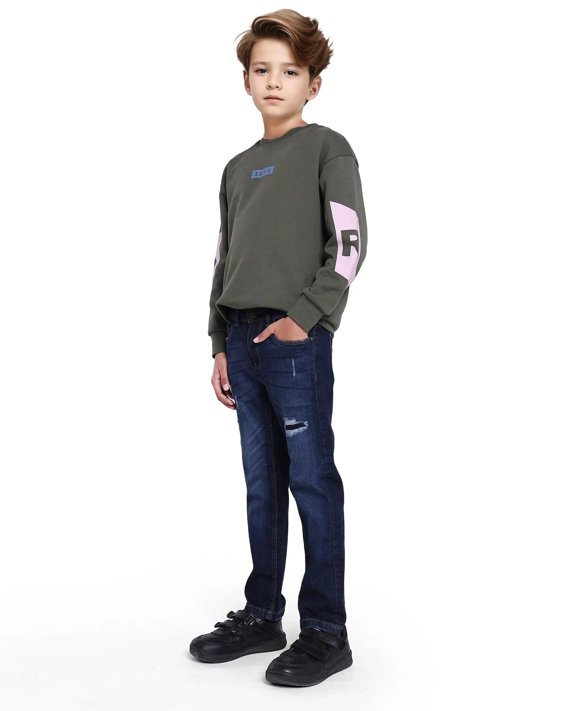 Rare Ones Kids Glor Blue Solid Slim Fit Denim Pant