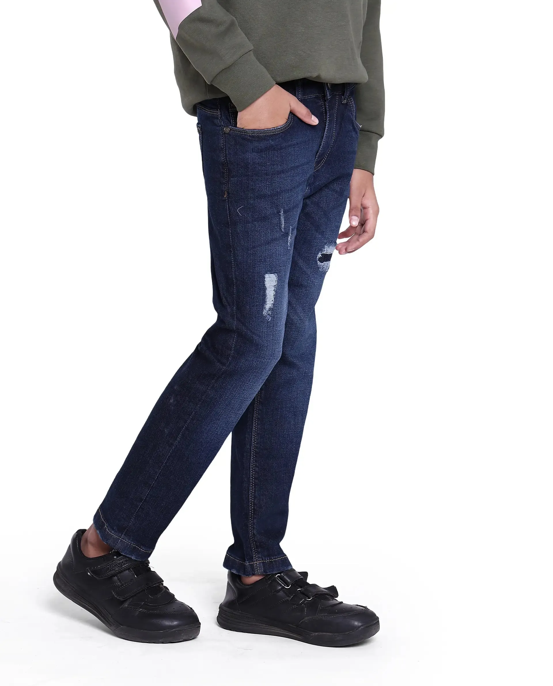 Rare Ones Kids Glor Blue Solid Slim Fit Denim Pant