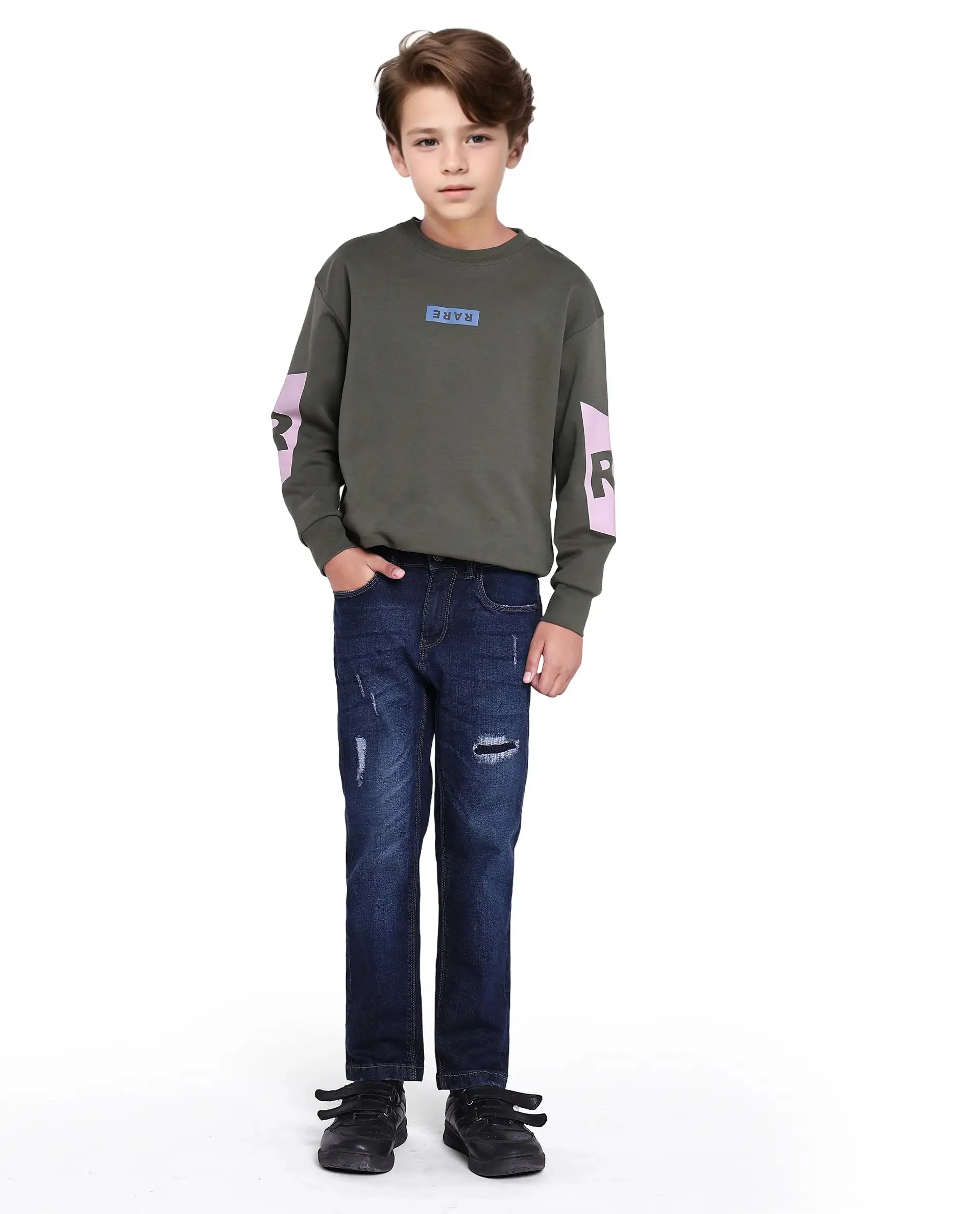 Rare Ones Kids Glor Blue Solid Slim Fit Denim Pant