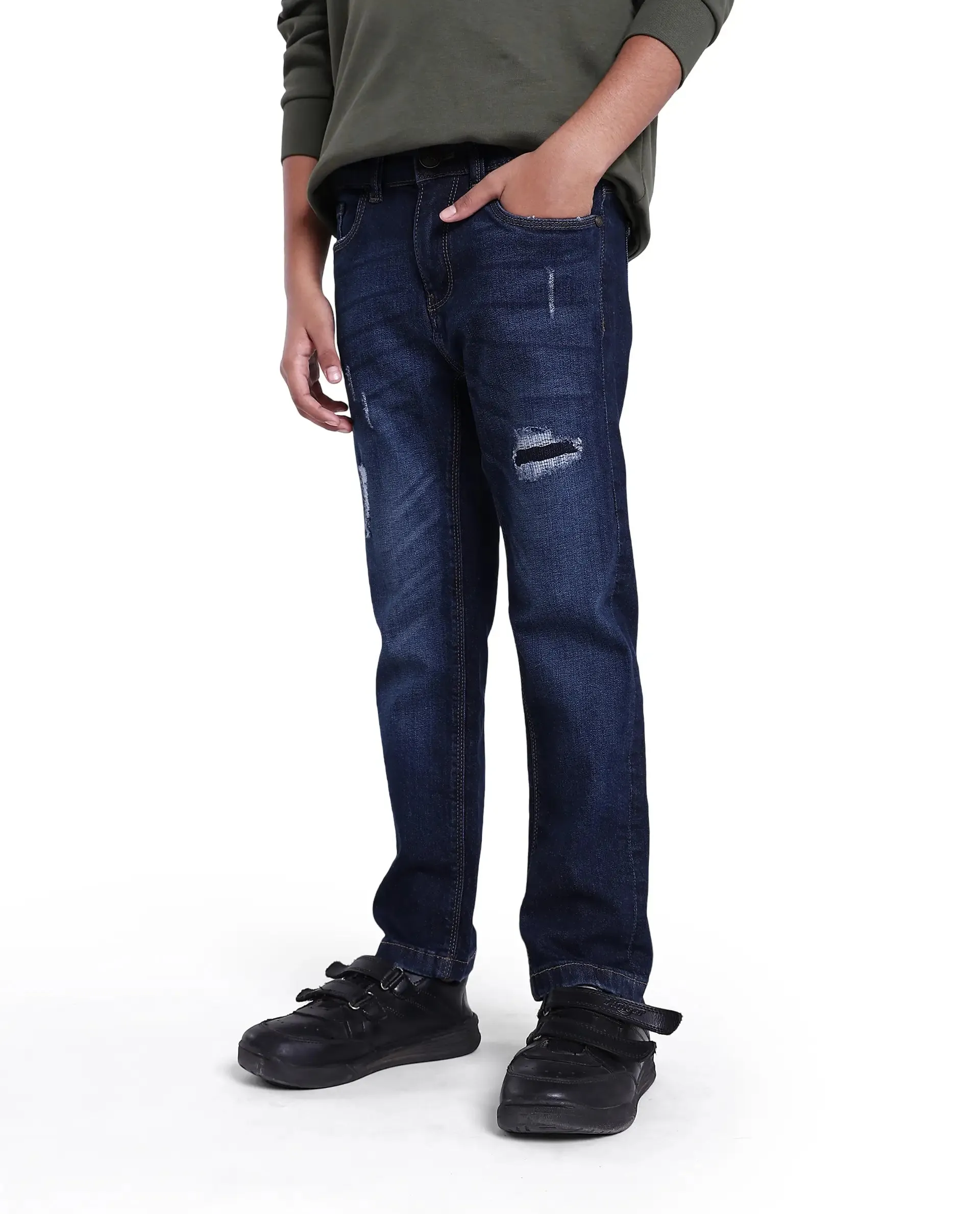 Rare Ones Kids Glor Blue Solid Slim Fit Denim Pant