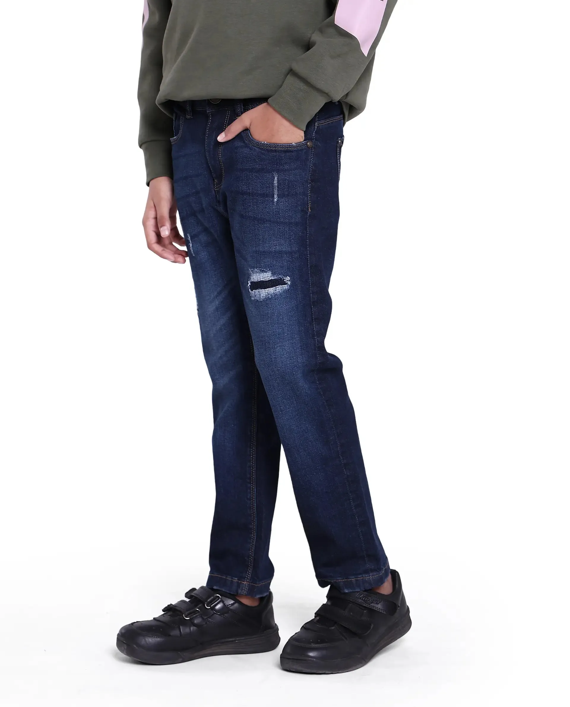 Rare Ones Kids Glor Blue Solid Slim Fit Denim Pant