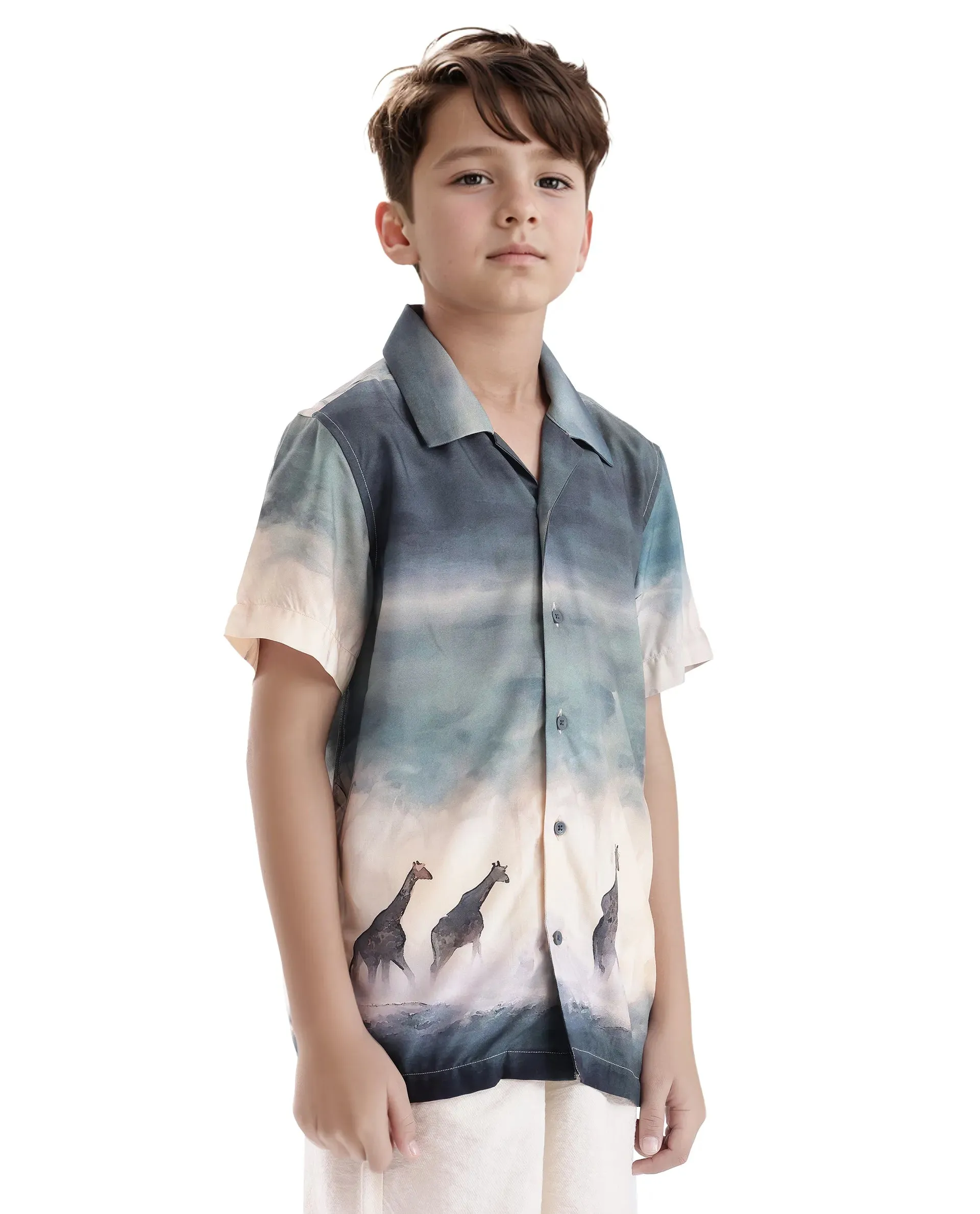 Rare Ones Kids Kenyo Dusky Green Viscose Half Sleeve Cuban Collar Printed Shirt