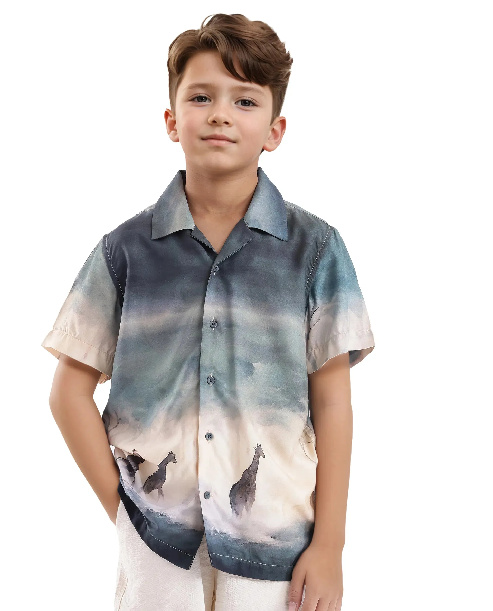 Rare Ones Kids Kenyo Dusky Green Viscose Half Sleeve Cuban Collar Printed Shirt