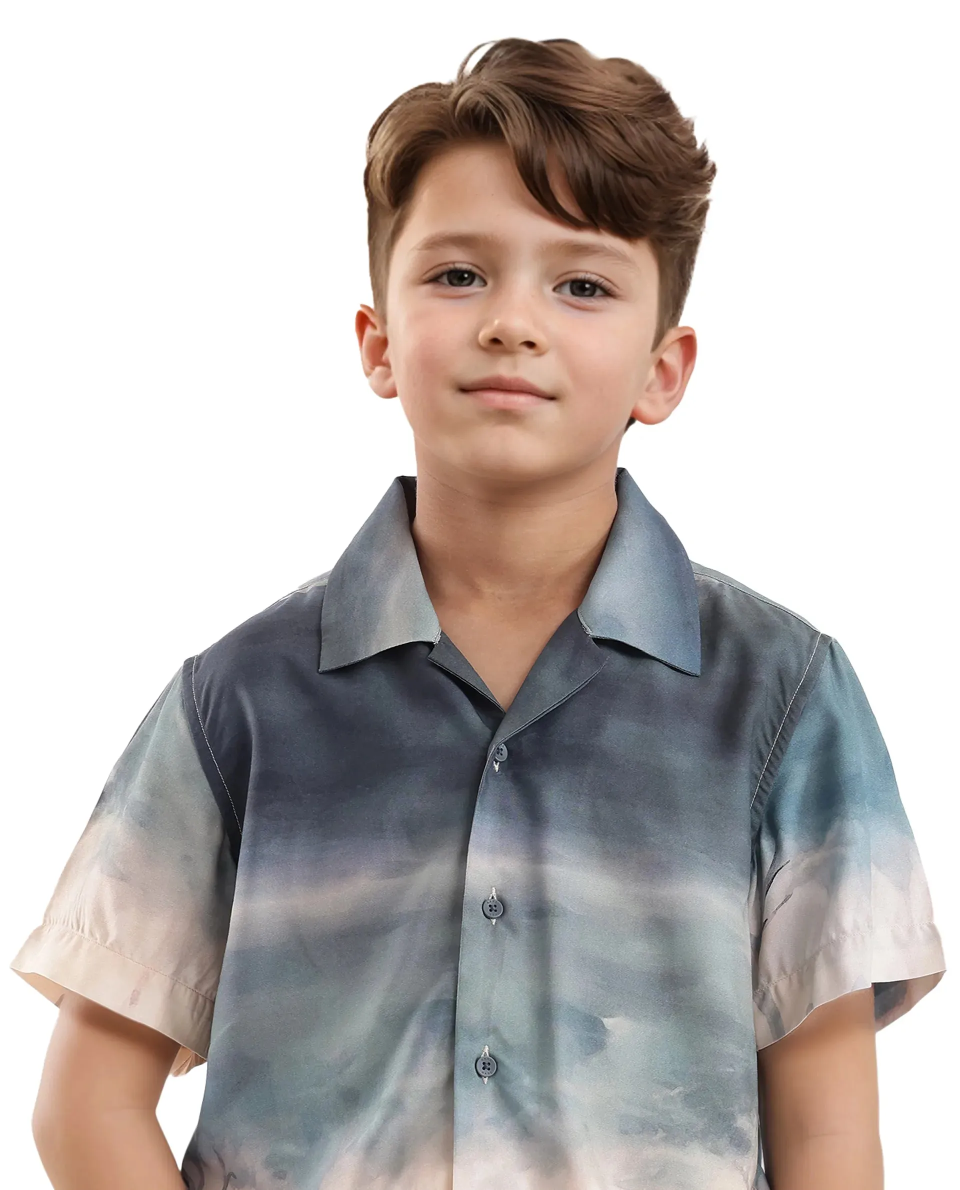 Rare Ones Kids Kenyo Dusky Green Viscose Half Sleeve Cuban Collar Printed Shirt