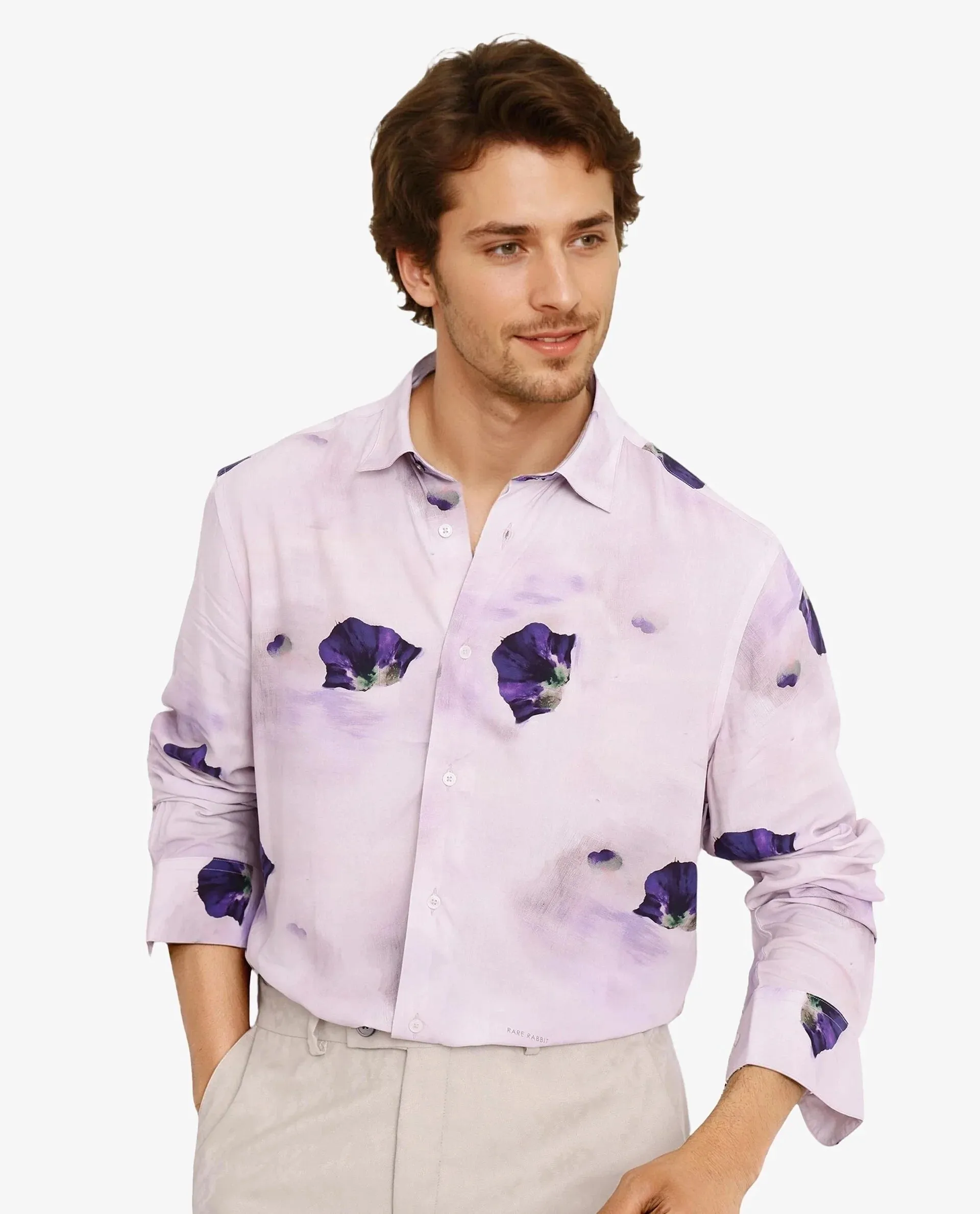 Rare Rabbit Men Brixo Pastel Purple Viscose Fabric Floral Print Regular Fit Shirt