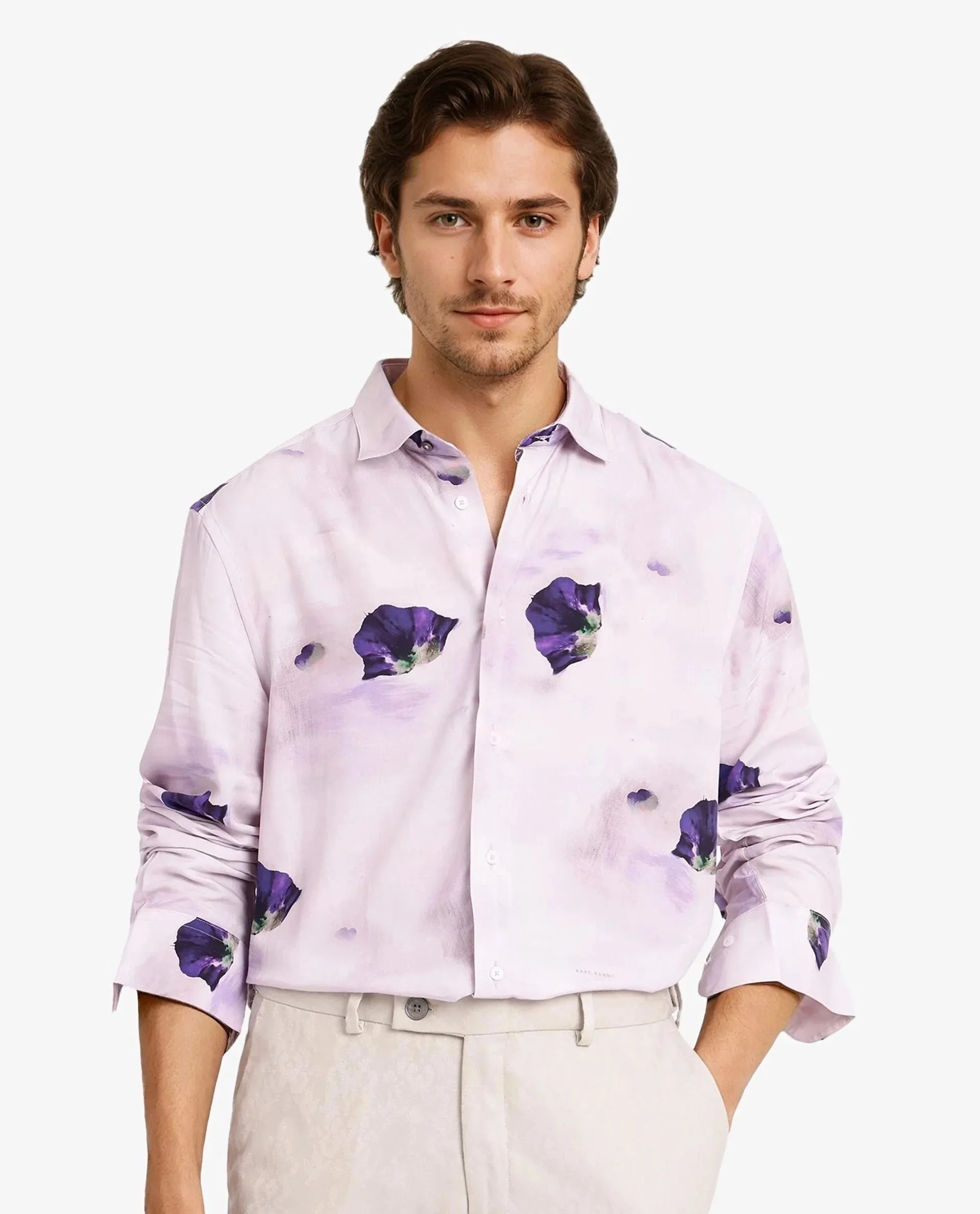 Rare Rabbit Men Brixo Pastel Purple Viscose Fabric Floral Print Regular Fit Shirt