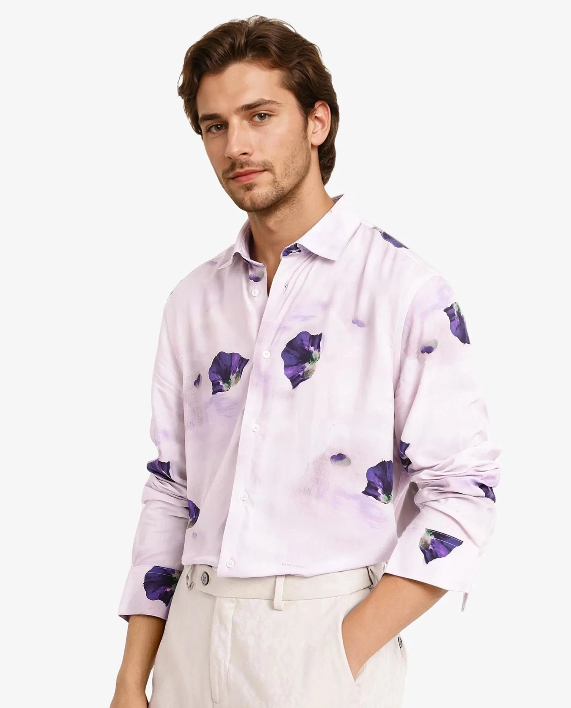 Rare Rabbit Men Brixo Pastel Purple Viscose Fabric Floral Print Regular Fit Shirt