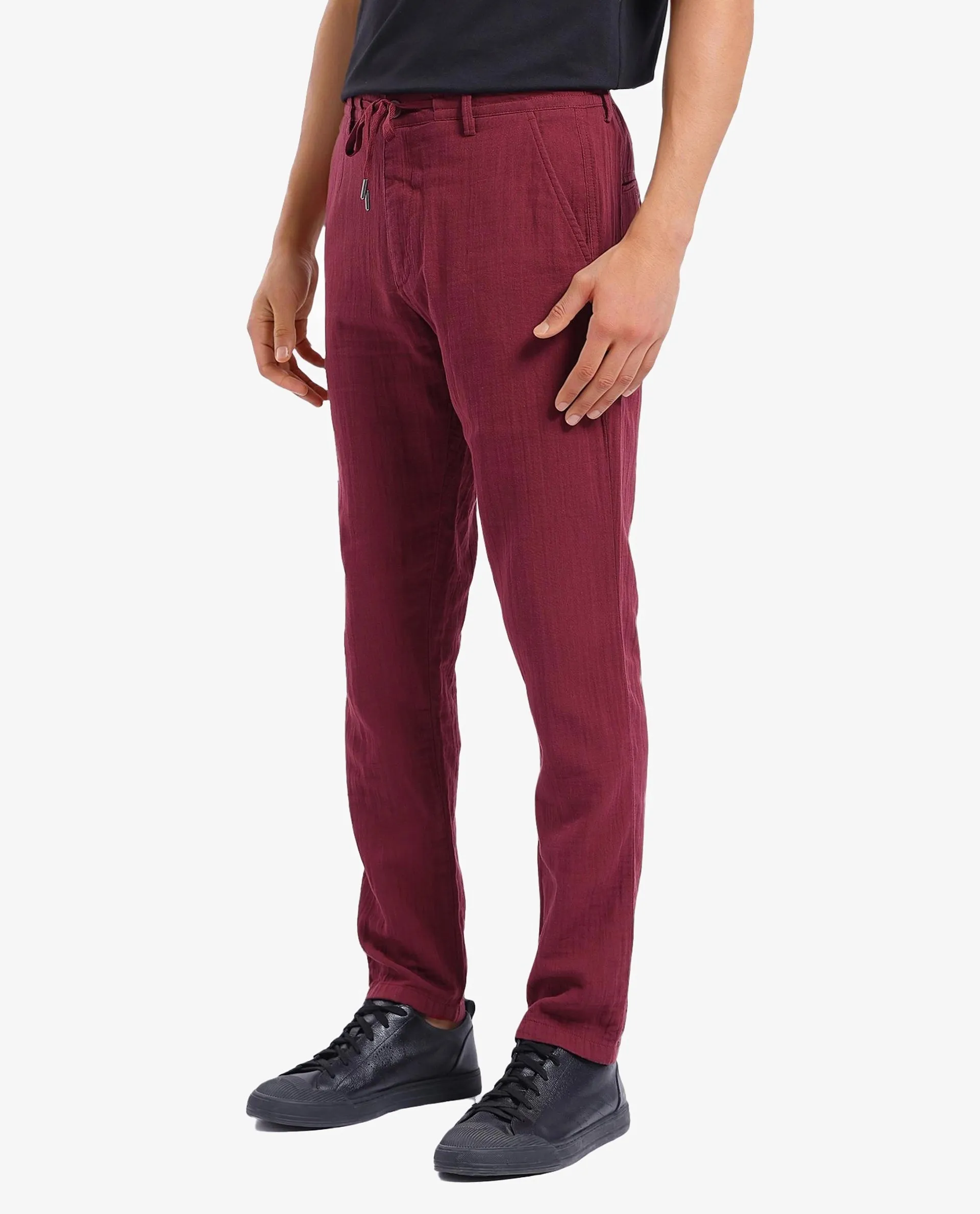 Rare Rabbit Men Pastor-3 Dark Maroon Drawstring Closure Plain Trouser