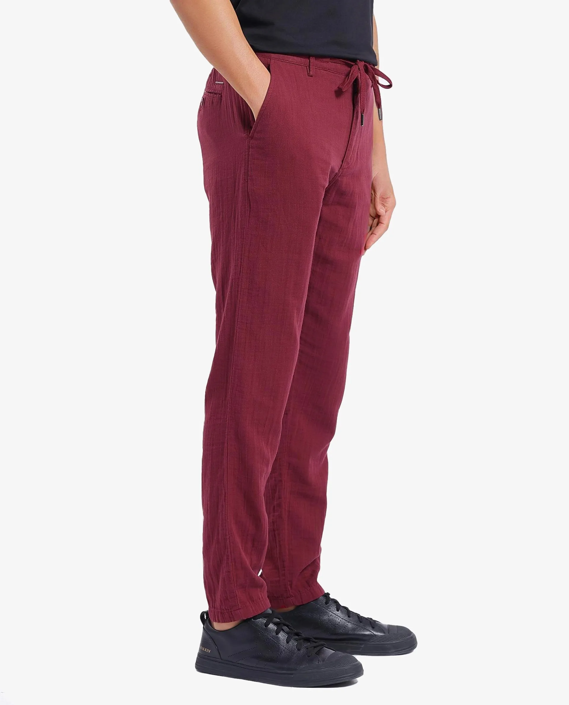 Rare Rabbit Men Pastor-3 Dark Maroon Drawstring Closure Plain Trouser