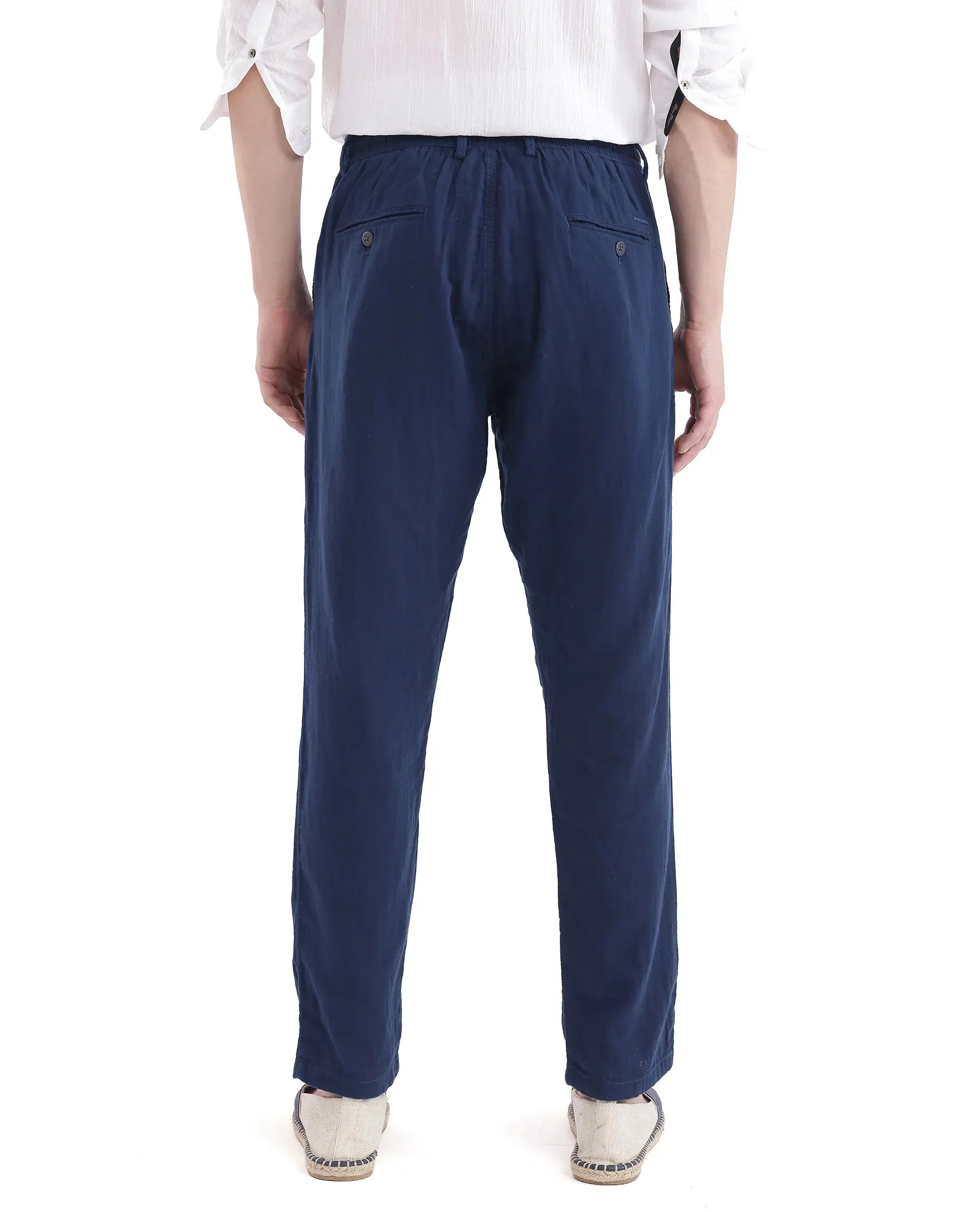 Rare Rabbit Men Pastor-3 Navy Drawstring Closure Plain Trouser