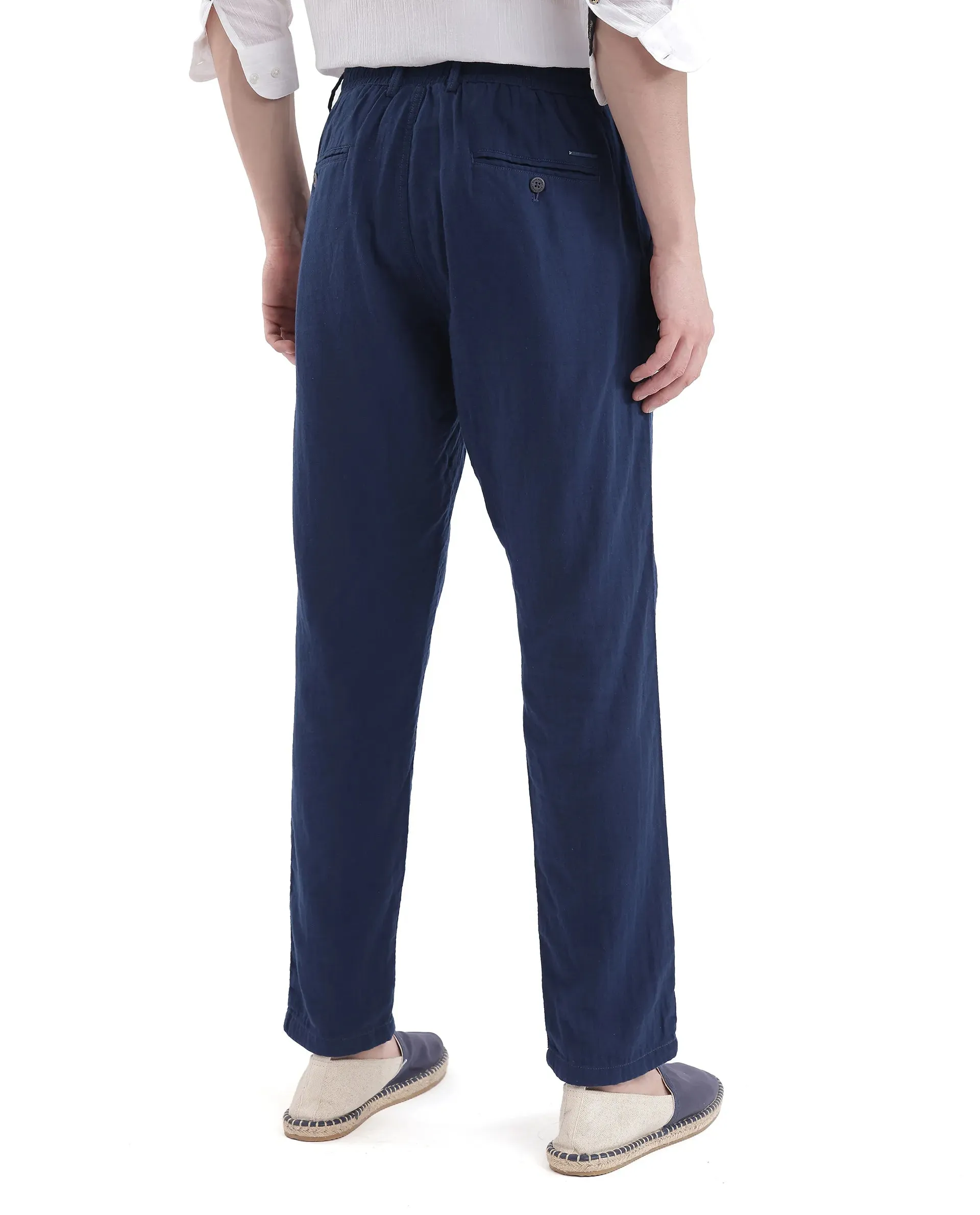 Rare Rabbit Men Pastor-3 Navy Drawstring Closure Plain Trouser