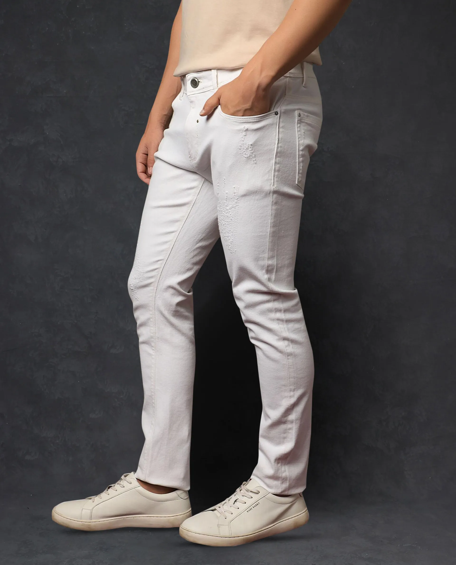 Rare Rabbit Men's Astral White Rinse Wash Mid-Rise Slim Fit Jeans