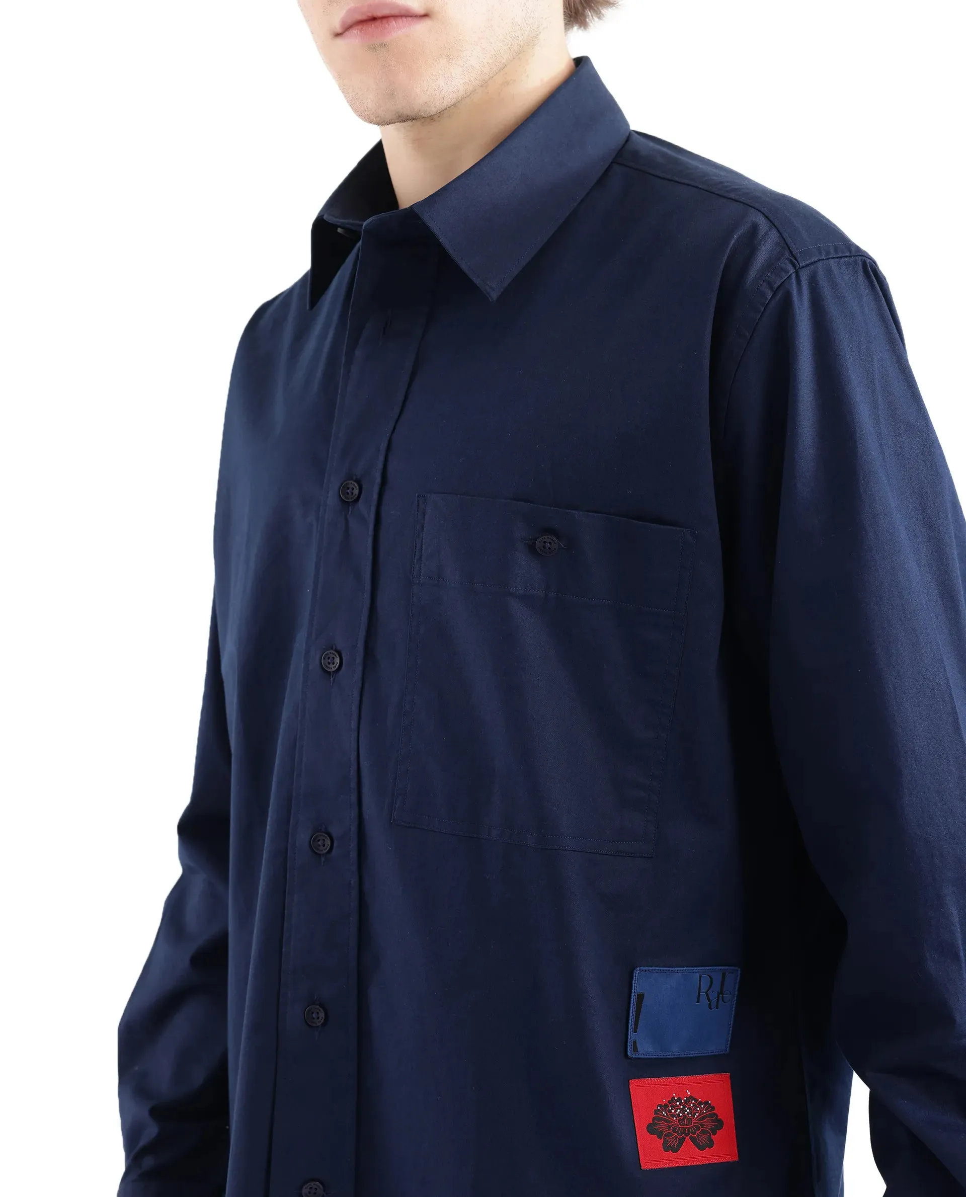 Rare Rabbit Men's Leif Navy Cotton Fabric Full Sleeve Label Badge Solid Shirt