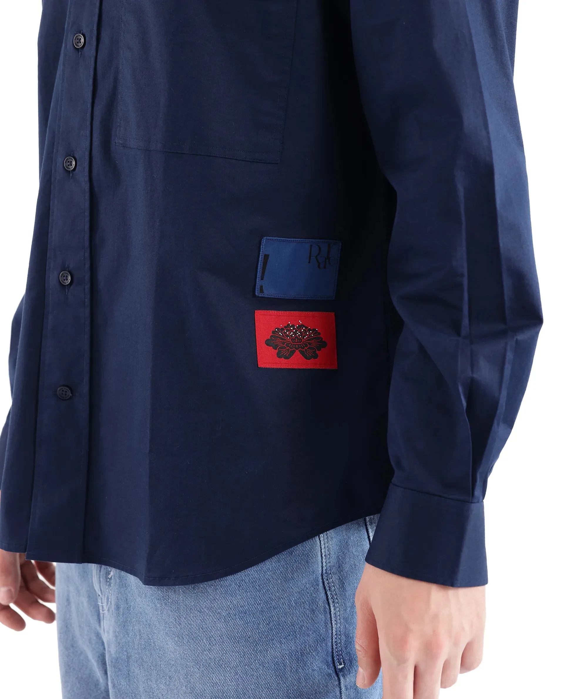 Rare Rabbit Men's Leif Navy Cotton Fabric Full Sleeve Label Badge Solid Shirt