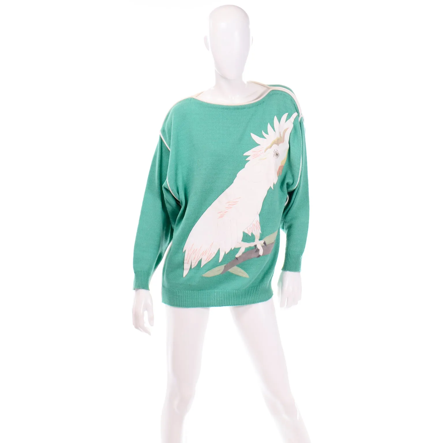 Rare Vintage Szato Japan Vintage Green Knit Sweater w Leather Cockatiel Bird