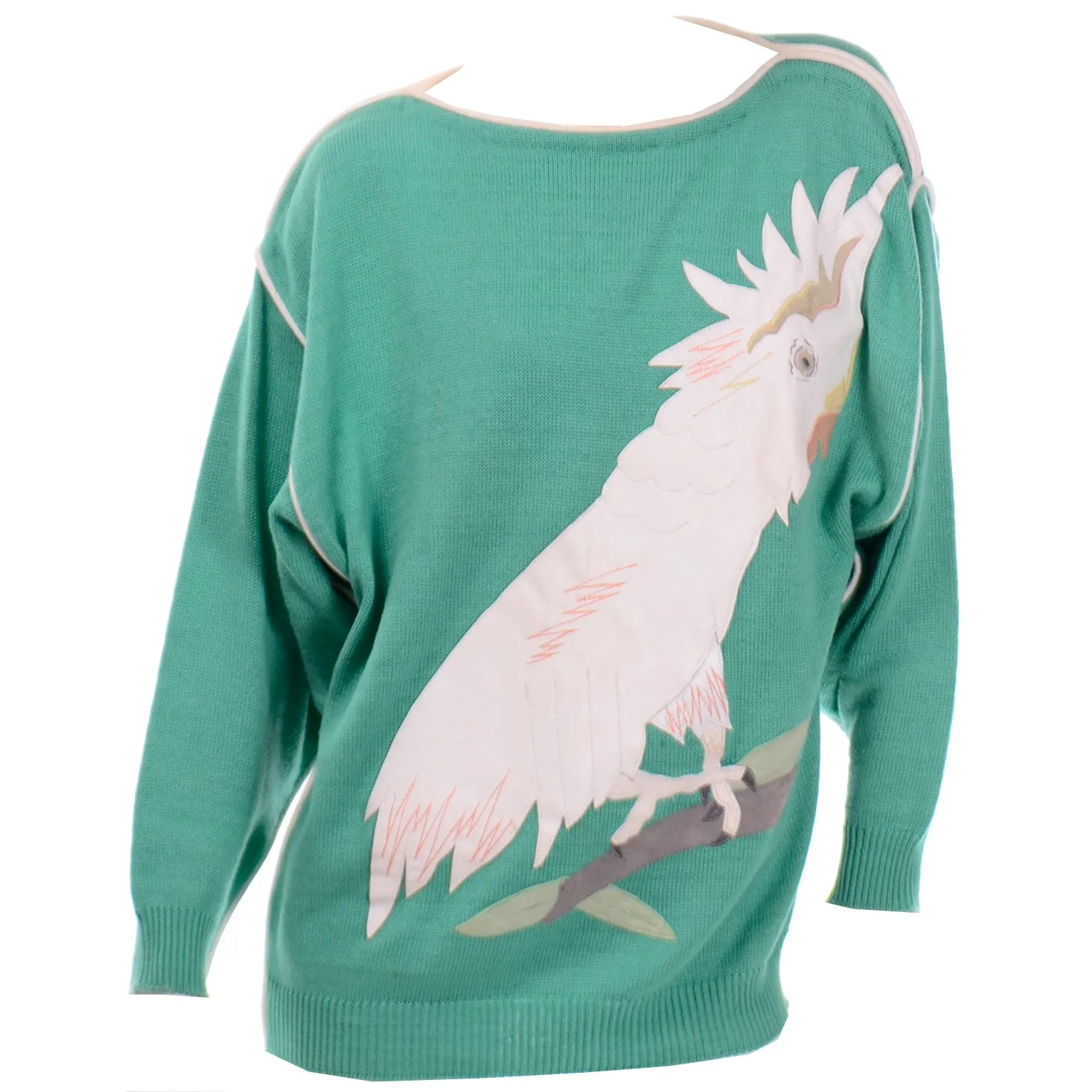 Rare Vintage Szato Japan Vintage Green Knit Sweater w Leather Cockatiel Bird