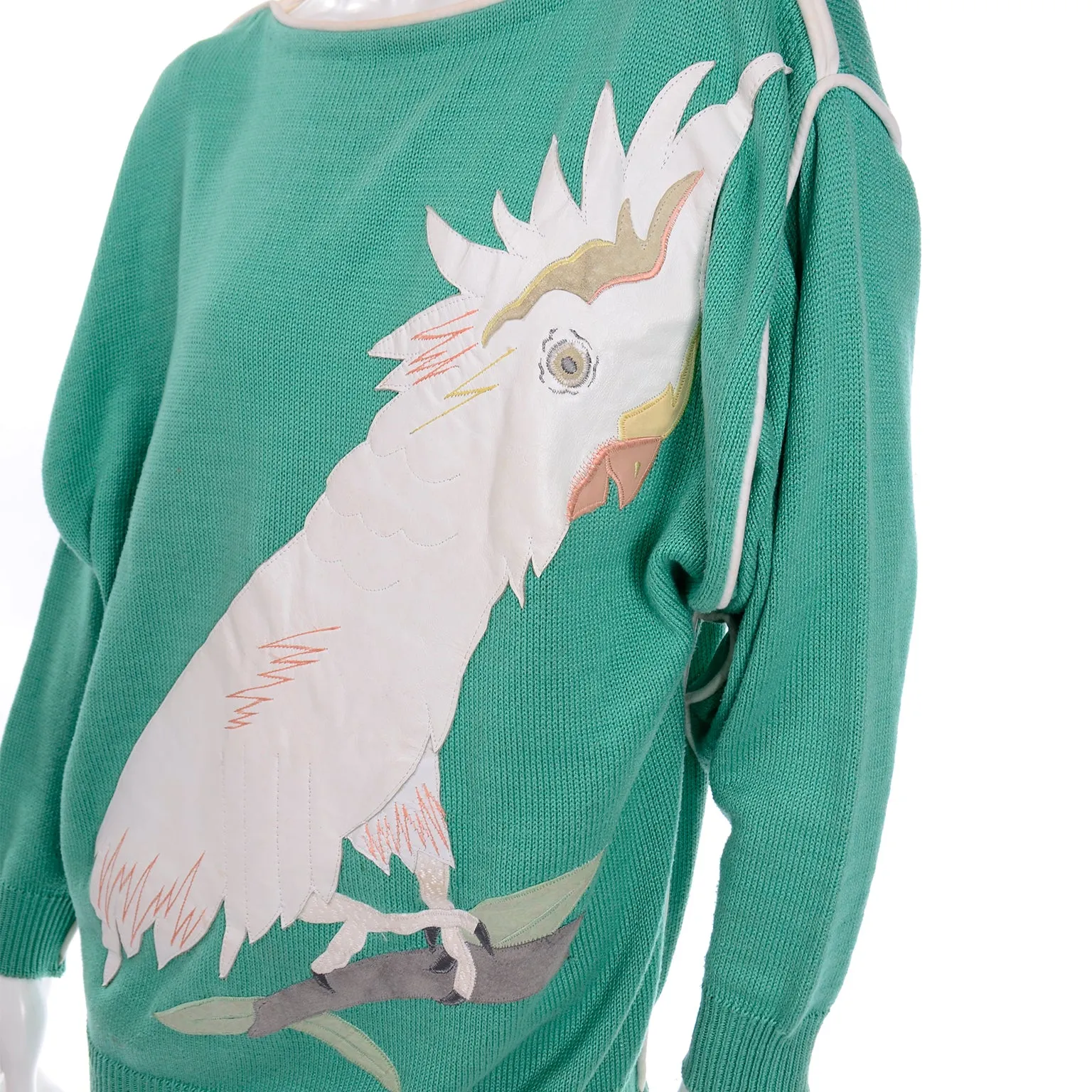 Rare Vintage Szato Japan Vintage Green Knit Sweater w Leather Cockatiel Bird