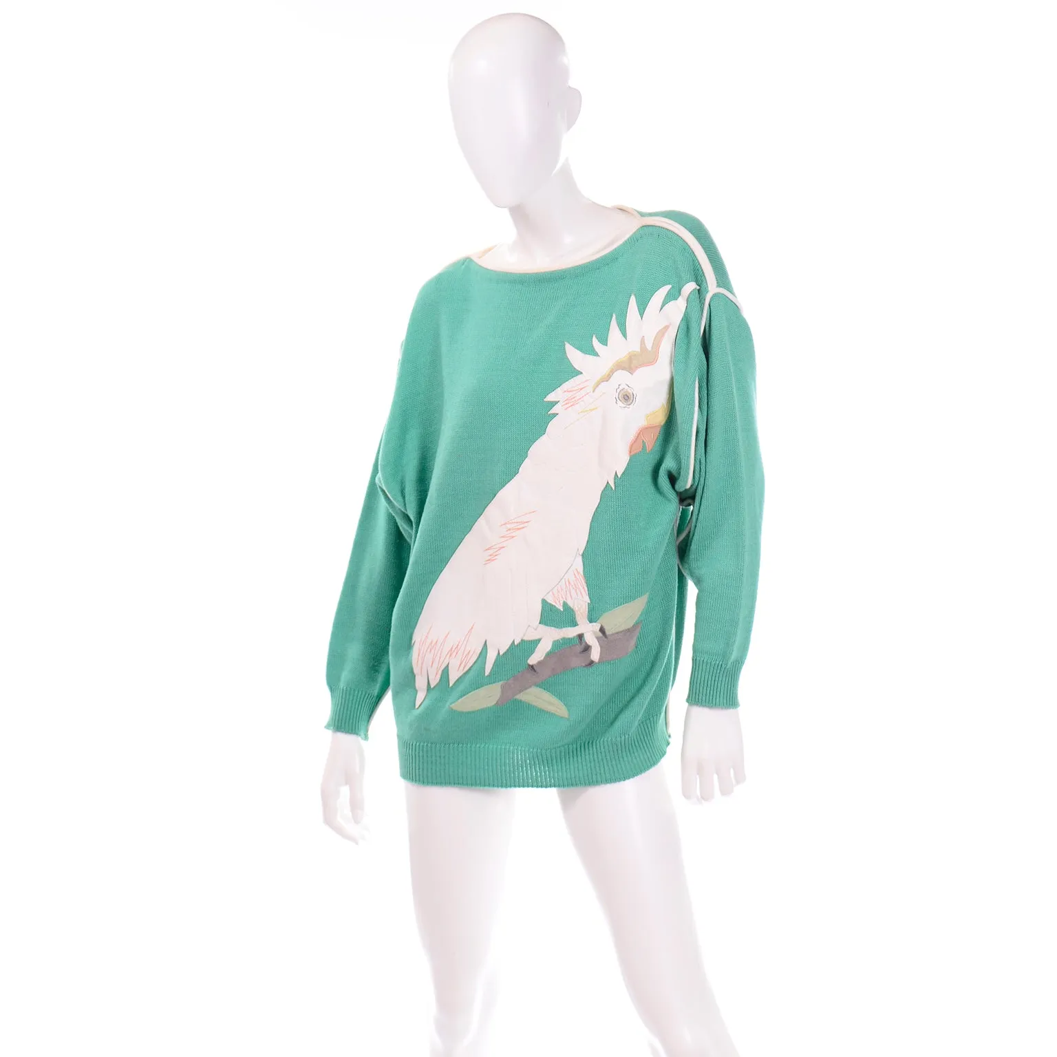 Rare Vintage Szato Japan Vintage Green Knit Sweater w Leather Cockatiel Bird