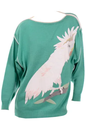 Rare Vintage Szato Japan Vintage Green Knit Sweater w Leather Cockatiel Bird