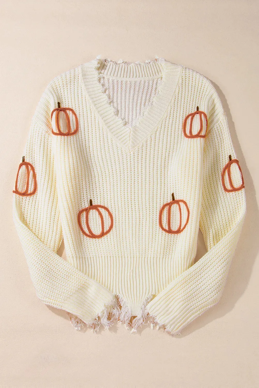 Raw Hem Pumpkin V-Neck Long Sleeve Sweater | Fall Sweater | Halloween Sweater