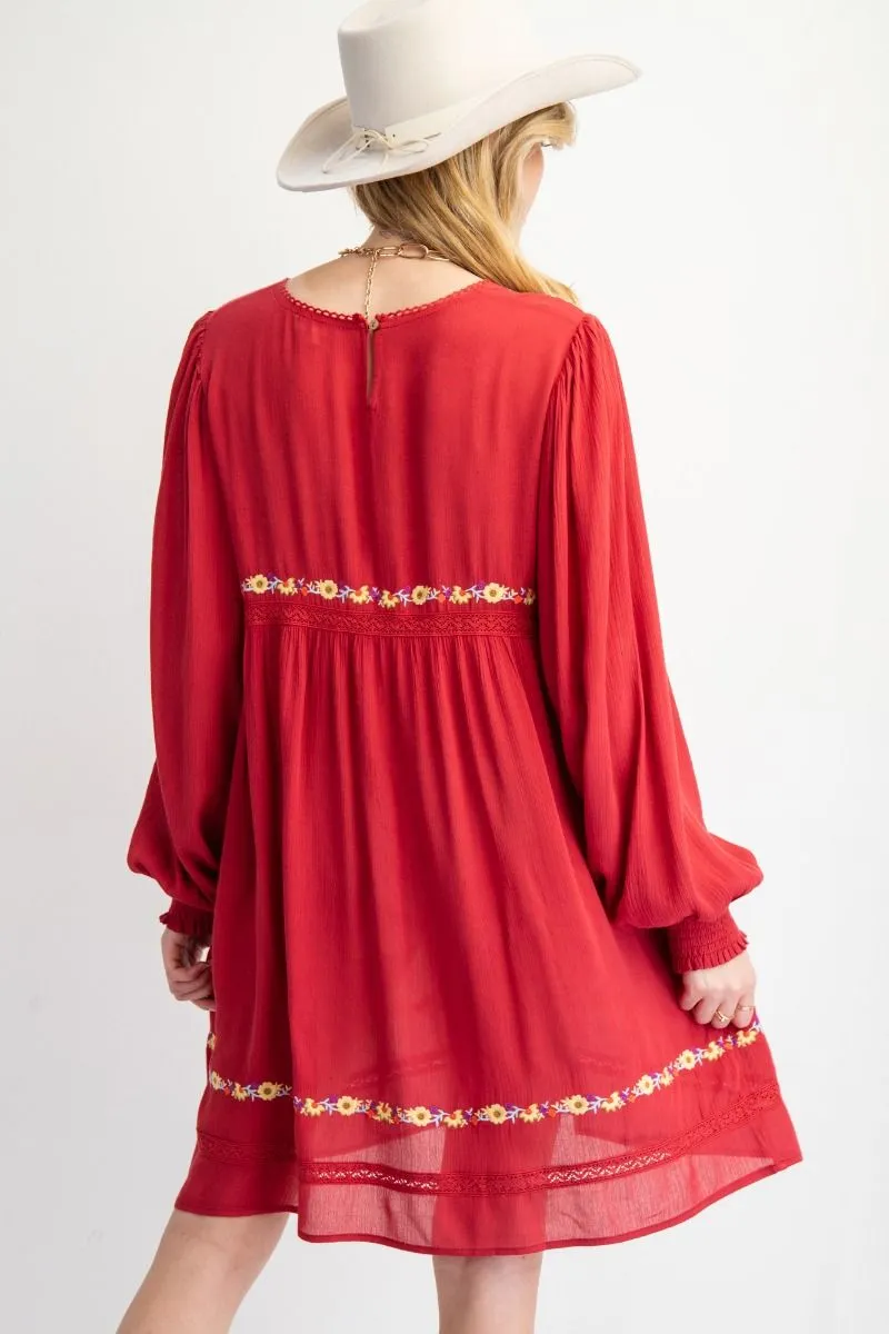 Red Dahlia Floral Embroidered Woven Dress