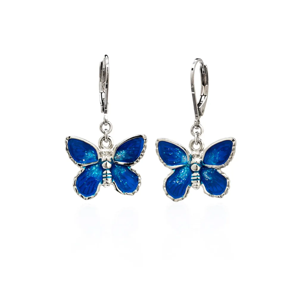 Rhodium Plated Blue Butterfly Drop Earring