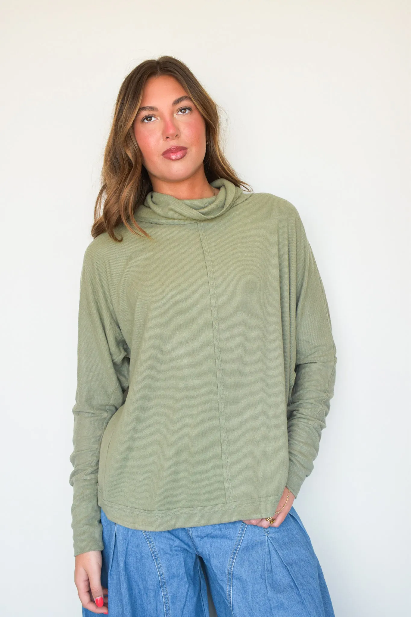 Ribbed Mock Neck Long Sleeve- Sage