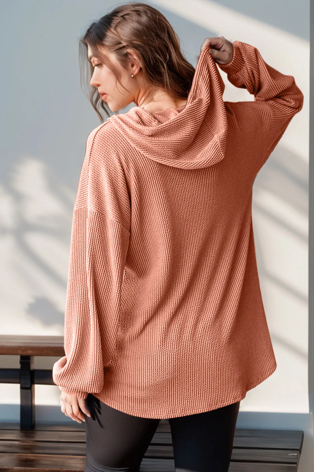 Ribbed Textured Half Button Long Sleeve Hoodie