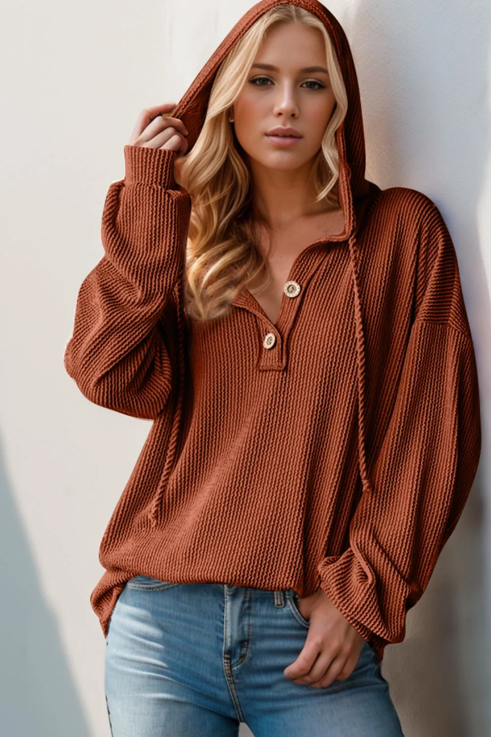 Ribbed Textured Half Button Long Sleeve Hoodie